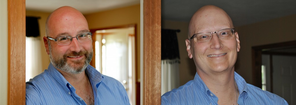 On the left me in the Spring of 2012, on the right, me today at the end of chemo.